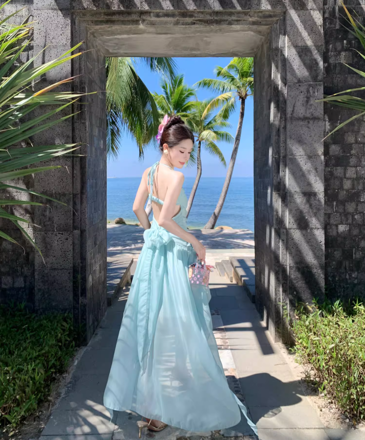 Travel wear fairy air backless dress seaside vacation dopamine green fairy long skirt R1594