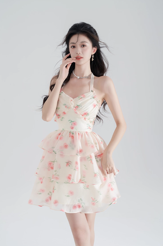 Super fairy new halter neck printed chiffon dress pure summer girl cake skirt fairy skirt female R4112