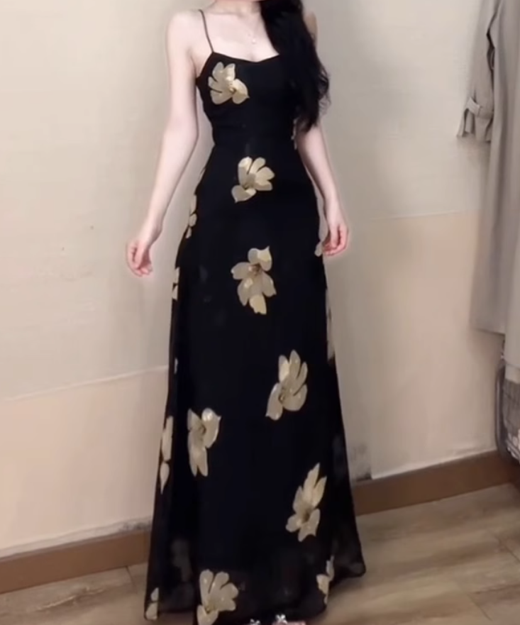 Large size French sexy printed suspender dress with waist and beautiful slim long skirt R1849