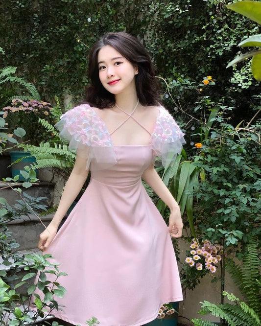 Pink halter neck design cuffs cute slim fit A-line short skirt homecoming dress R4019