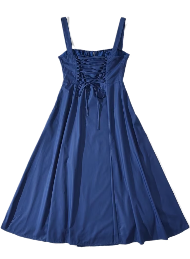 2025 Summer New Blue Slit Sexy Waist Temperament Suspender Dress R0901