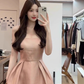 Gentle and elegant pink square neck suspender dress with waist A-line short skirt R0487