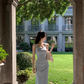 French square neck blue suspender dress waist temperament high-end slim long skirt R4338