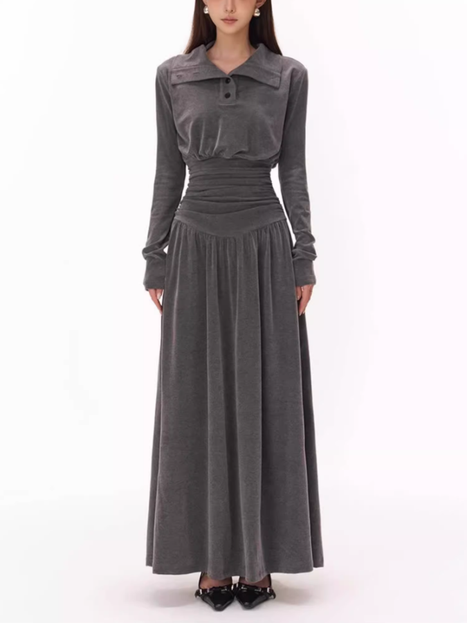 Design half-high polo collar long-sleeved dress 2025 pleated waist A-line long skirt R1034