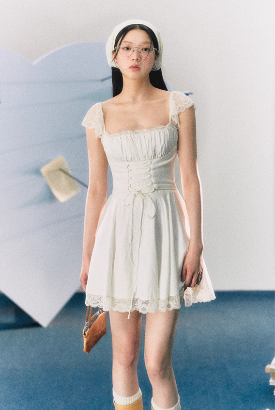 French pure desire style white lace waist slimming suspender dress R3321