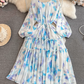 Gentle style lady temperament long sleeve low round neck waist medium length A-line printed dress R0392