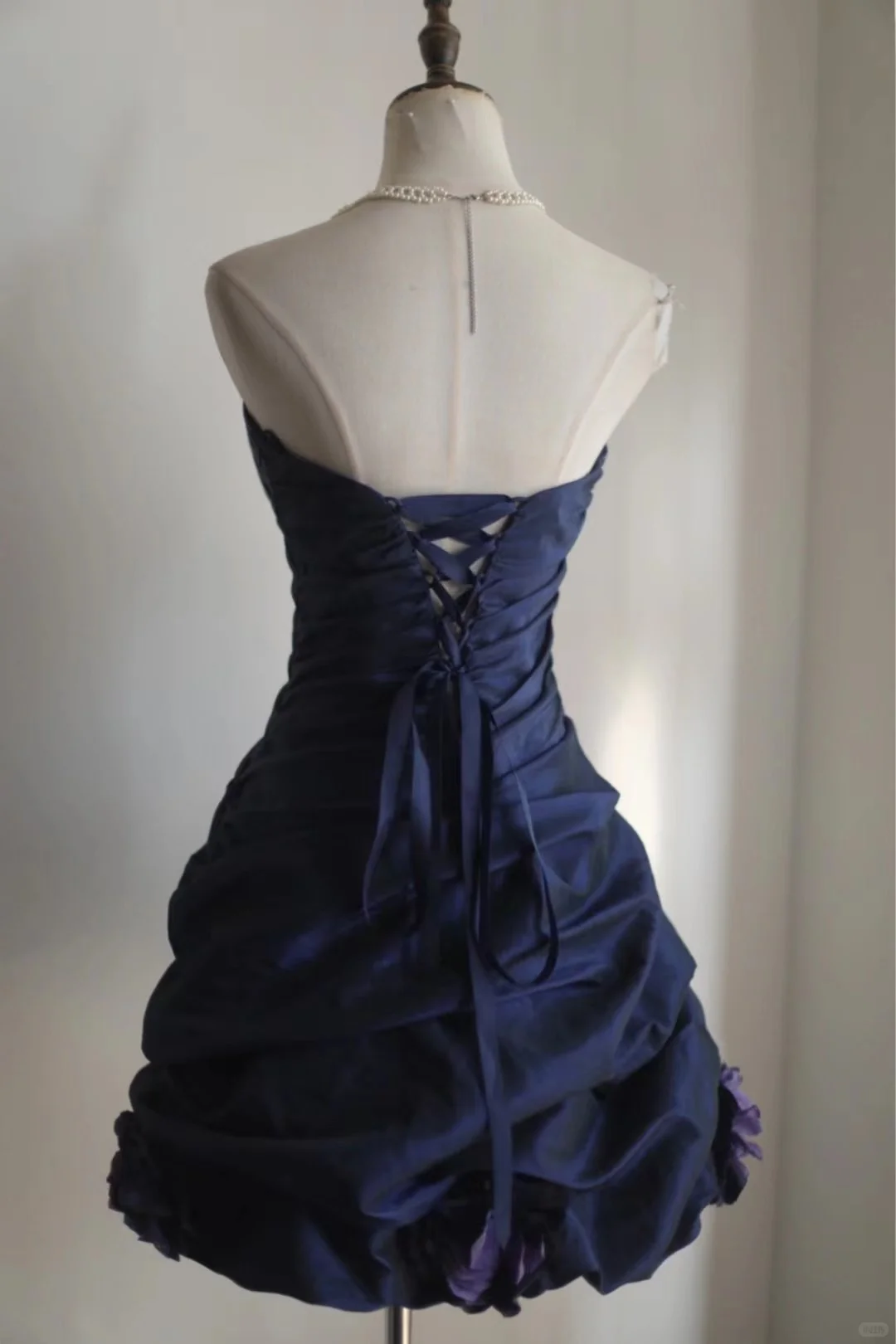 Navy blue tube top waist A-line puffy design skirt short homecoming dress R4152