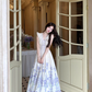 V-neck small flying sleeves printed hollow waist dress women's summer French temperament skirt R4618