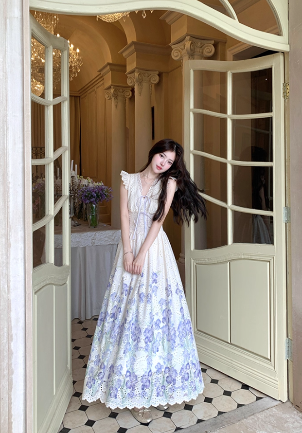 V-neck small flying sleeves printed hollow waist dress women's summer French temperament skirt R4618