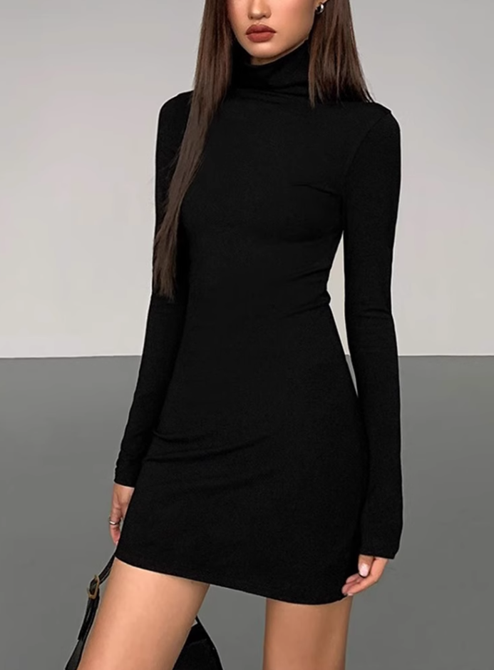 Sexy hot girl black high collar long sleeve dress 2025 backless slim hip skirt R1313