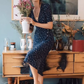 French retro dress green floral slim v-neck one-piece wrap-around lace-up tea dress R2925
