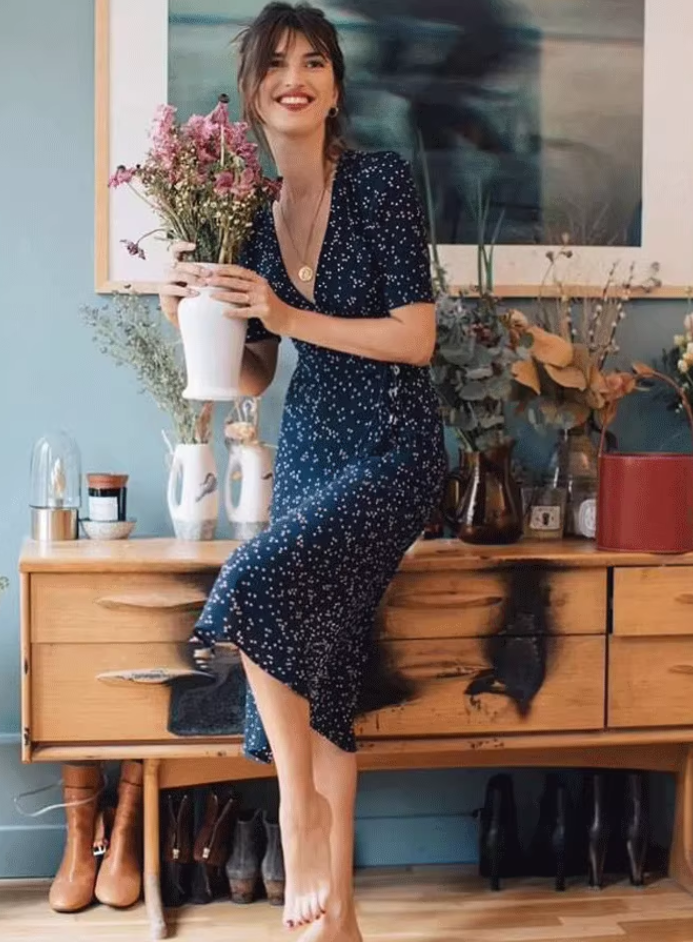 French retro dress green floral slim v-neck one-piece wrap-around lace-up tea dress R2925