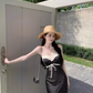 Temperament lace polka dot one-shoulder tube top dress with slim waist and hip-hugging long skirt R0581