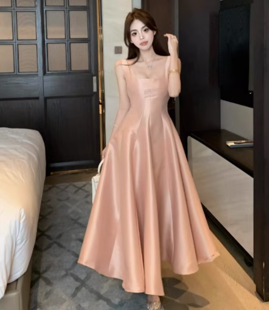 French suspender dress temperament slim pink gentle A-line bridesmaid banquet dress skirt R1527