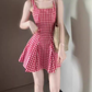 Retro red plaid suspender dress gentle temperament waist A-line short skirt R0791
