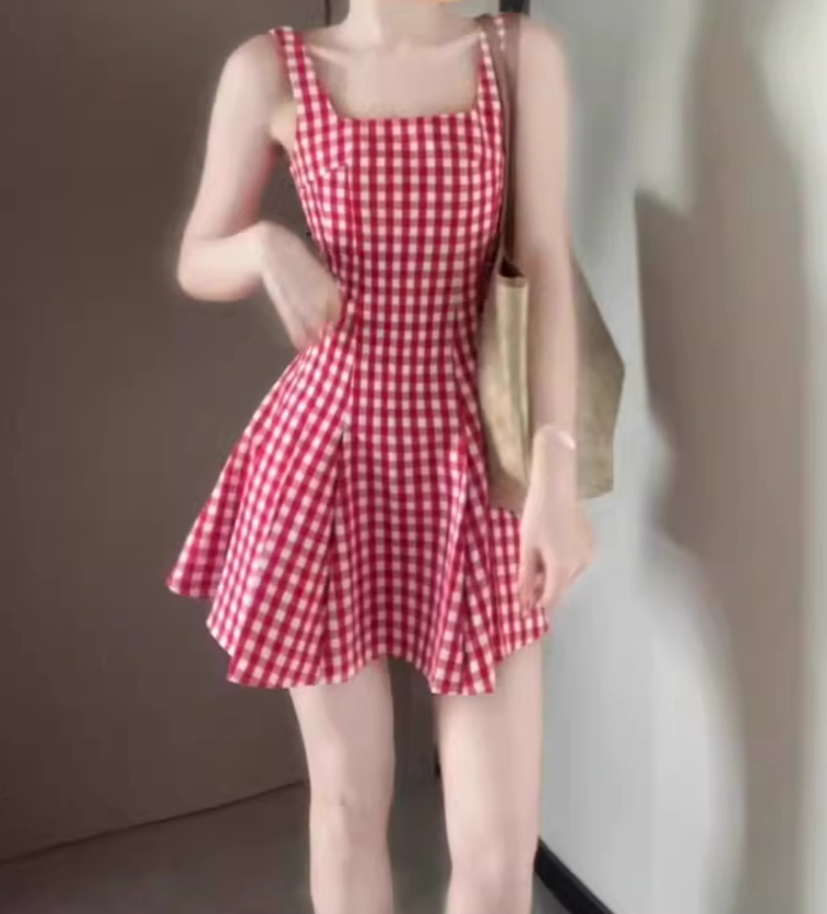 Retro red plaid suspender dress gentle temperament waist A-line short skirt R0791
