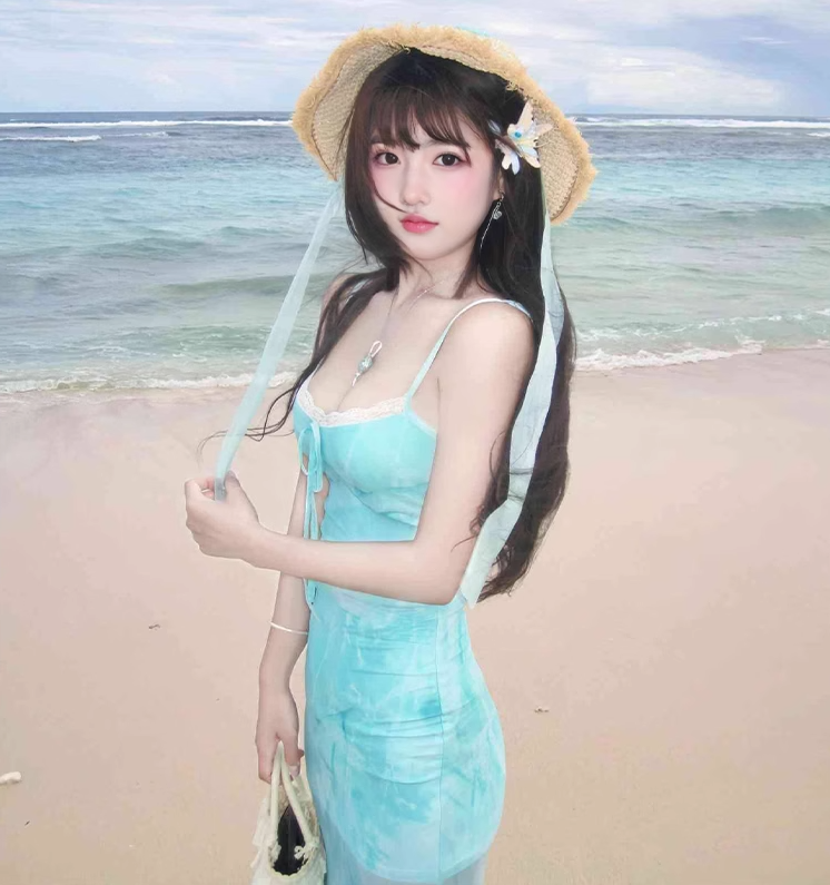 Gentle mint green floral sling dress beautiful waist slim hip skirt R0506