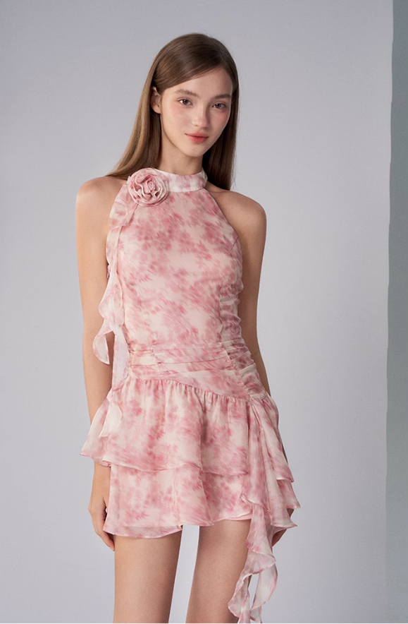 Halter Neck Printed Ribbon Dress Summer New Sleeveless Off Shoulder Vest Dress R3338