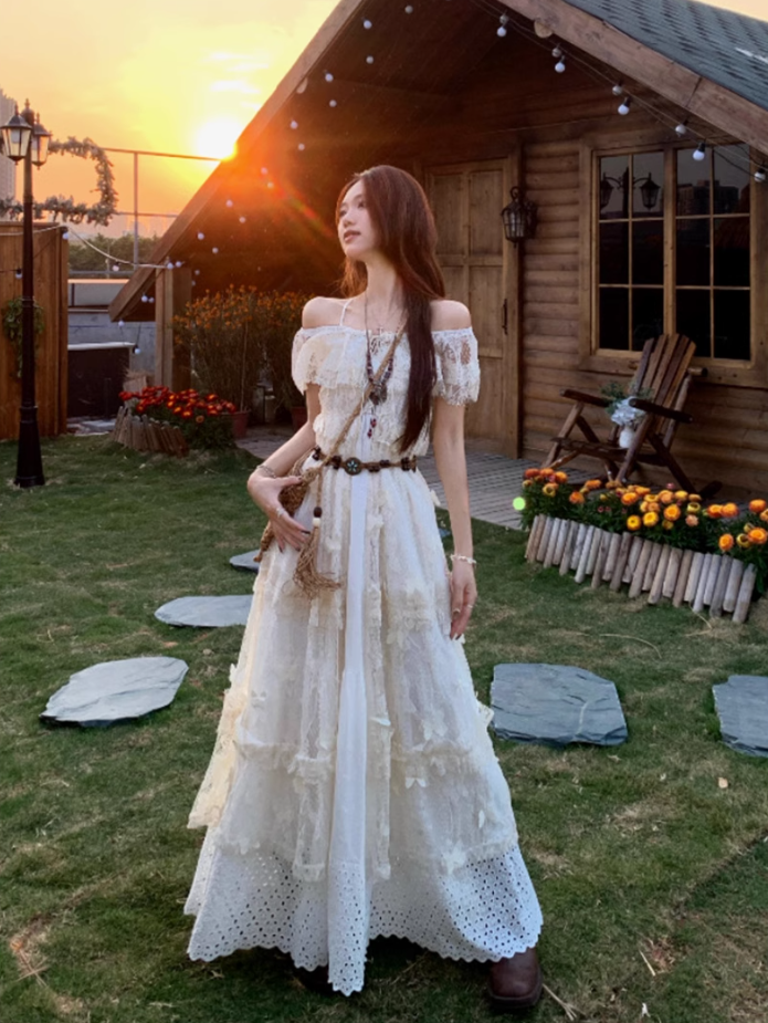 French fairy temperament holiday v-neck suspender dress lace blouse two-piece outfit R1735