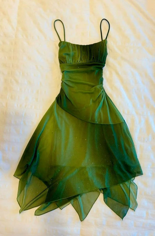 Green suspenders waist sexy shiny irregular skirt dress homecoming dress R2629