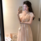 Pink long v-neck waist short-sleeved chiffon dress summer temperament embroidered A-line skirt R4576