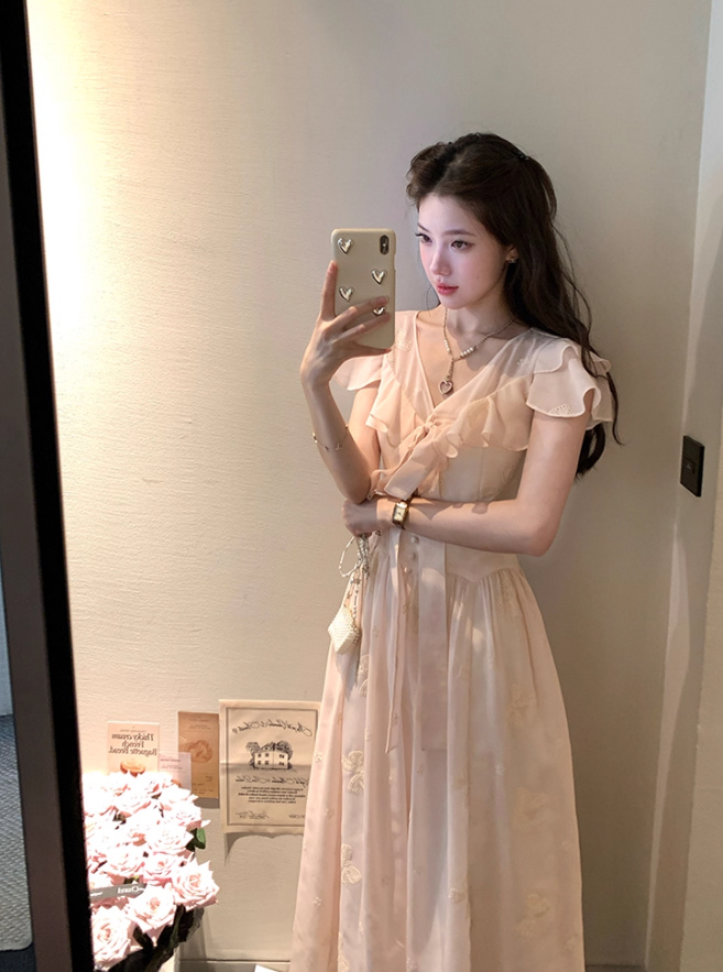 Pink long v-neck waist short-sleeved chiffon dress summer temperament embroidered A-line skirt R4576