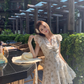 French sweet short-sleeved hollow flower high waist design beige floral dress R4070