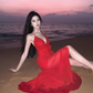Beach photo shoot red sexy ruffled high slit halter back dress R1583