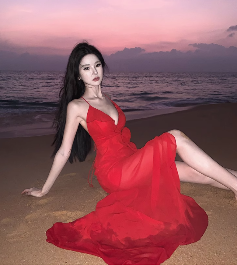 Beach photo shoot red sexy ruffled high slit halter back dress R1583