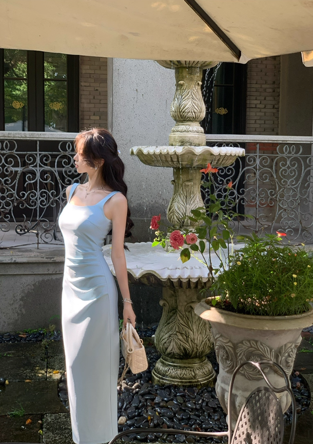 French square neck blue suspender dress waist temperament high-end slim long skirt R4338