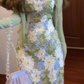 Gentle green floral suspender dress with beautiful temperament waist long skirt R0654