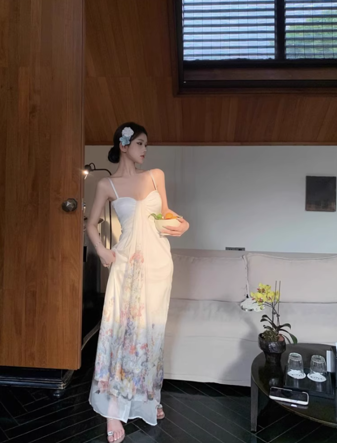 Sexy tube top suspender dress temperament floral long skirt R0542