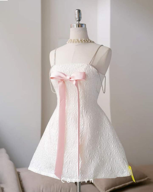 White suspender bow slim fit princess puffy skirt homecoming dress R2559