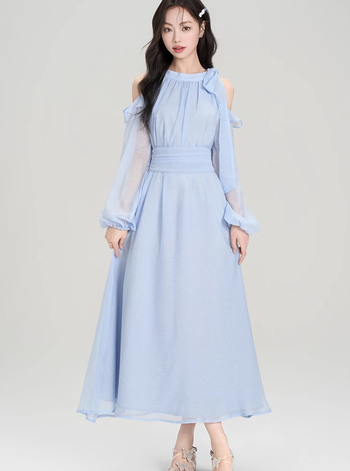 French design holiday halter neck off-shoulder dress beautiful gentle wind skirt R2387