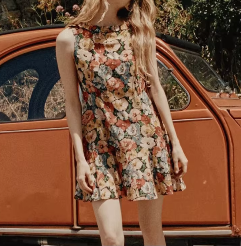 Dress new holiday French style niche printed flowers sleeveless round neck short skirt R2922