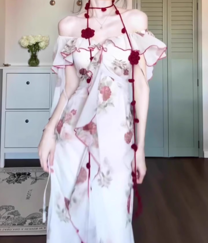 Retro floral one-shoulder dress with gentle temperament and slim waist and hip skirt R0645