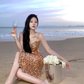 Sexy gold sequined suspender dress with slit hip-hugging holiday beach dress dress R1490