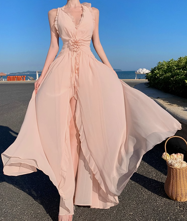 Ruffled V-neck halter dress beautiful waist A-line long skirt R0566