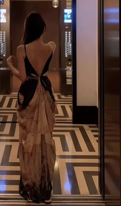 Ink print dress sexy backless holiday design sling sexy V-neck lazy skirt R1489