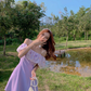 New summer skirt purple temperament one-shoulder French waist sweet suspender dress for women R4119