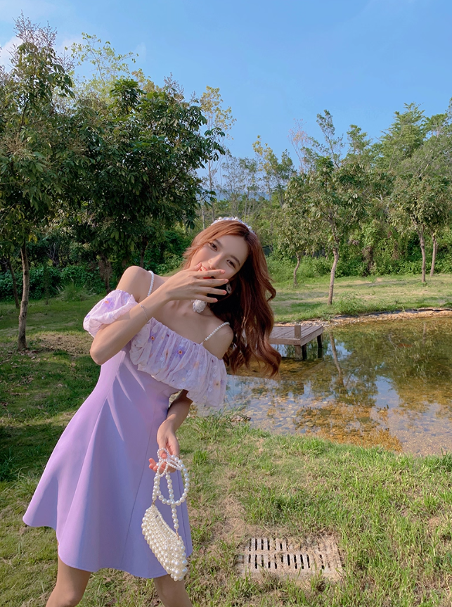 New summer skirt purple temperament one-shoulder French waist sweet suspender dress for women R4119