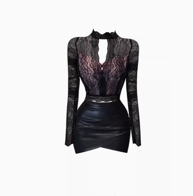 Royal sister style halterneck lace top 2025 plus size sexy hot girl hip leather skirt suit R1087