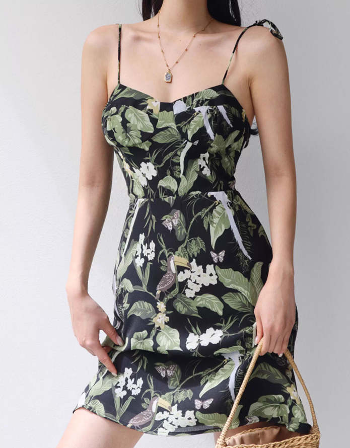 French retro bird print suspender skirt slim fit waist suspender dress holiday short skirt R2807