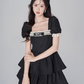 Retro jacquard French dress for women with square collar and lace trim, summer puff sleeves, black slim short skirt R4117
