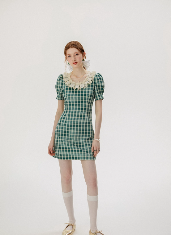 French skirt green plaid dress summer retro short skirt petite short skirt female summer R3457