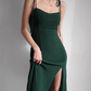 French style dark green high waisted camisole dress, retro waist cinched side slit dress R2865