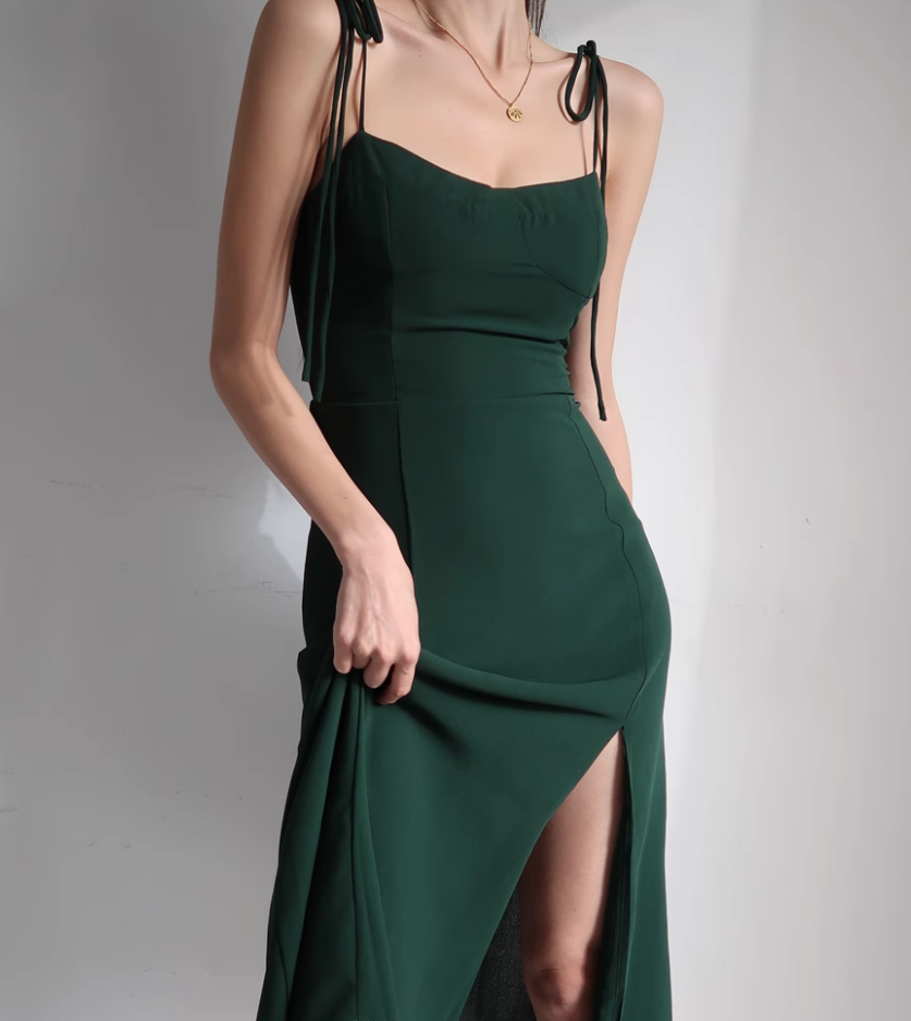 French style dark green high waisted camisole dress, retro waist cinched side slit dress R2865