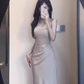 French style mesh hollow off-shoulder halter dress high-grade acetate satin waist slim hip skirt summer R0432
