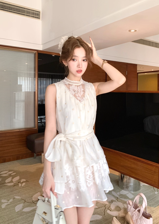 Apricot mid-length waist hollow embroidery polka dot dress summer French retro temperament skirt R4702