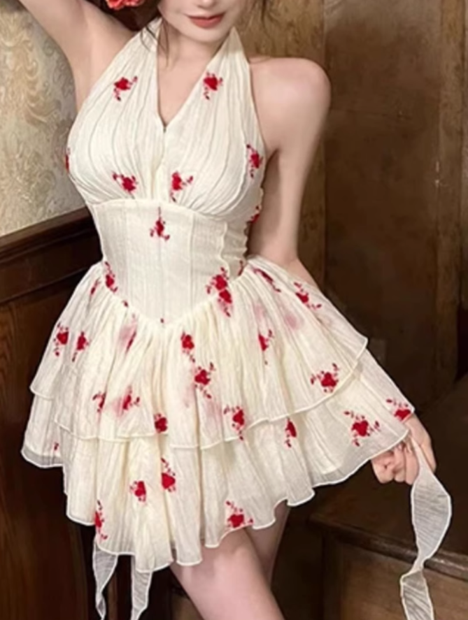 Pure desire design halter neck floral dress 2025 sexy backless waist A-line short skirt R1086